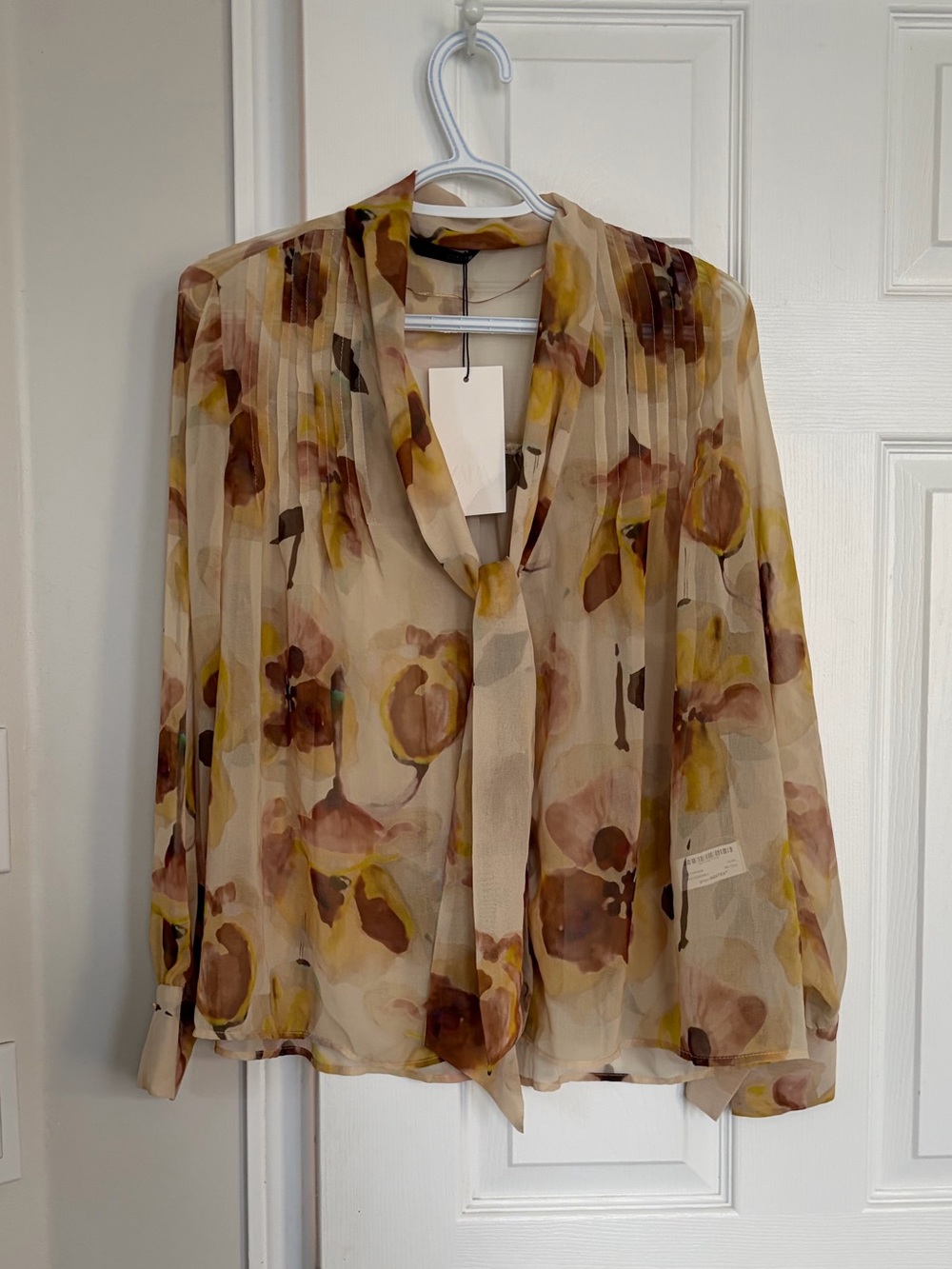 Zara Sheer Floral Tie-Neck Blouse in Beige, Brown and Yellow